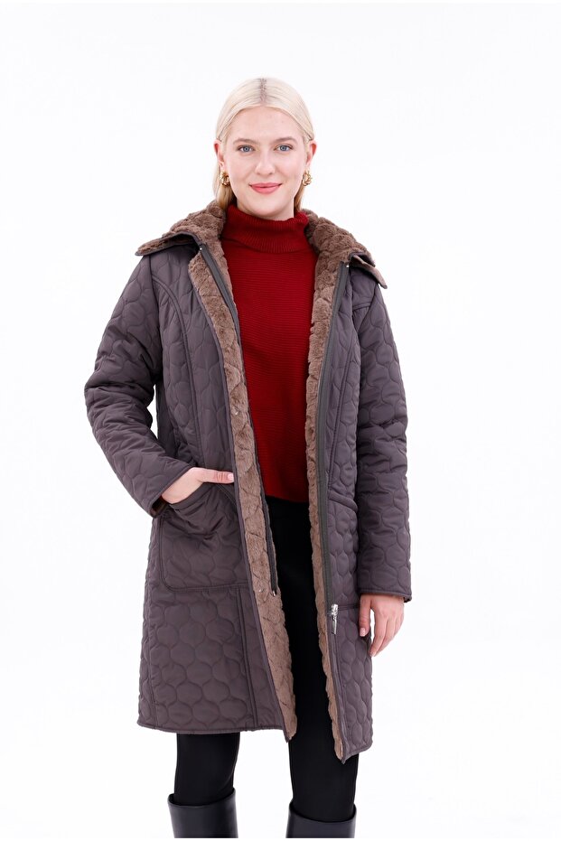 Women's Fur Quilted Coat - Water Repellent Plus Size Winter Coat - Mg001