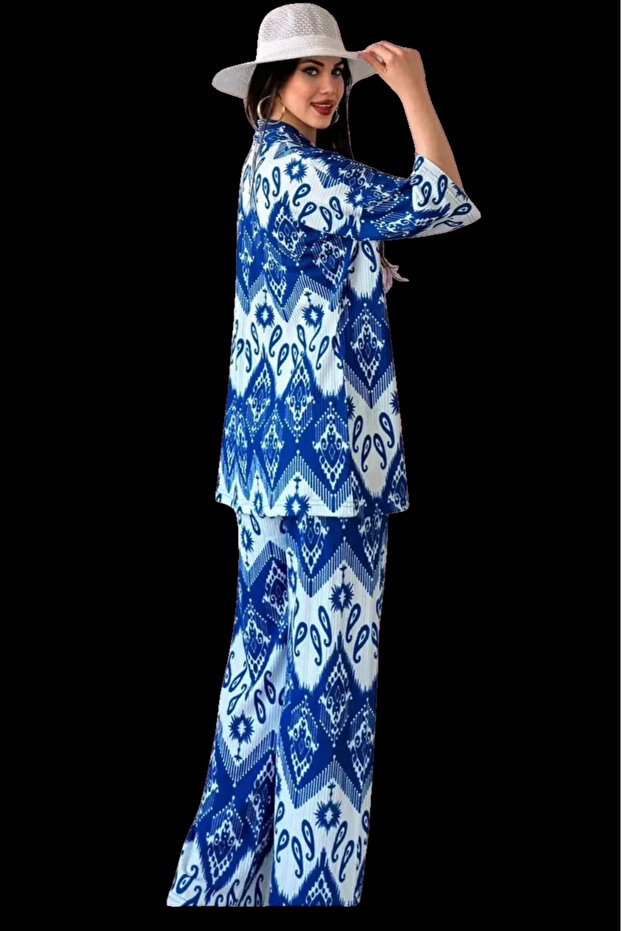 Lower Upper Set Kimono- Patterned-Blue - 2