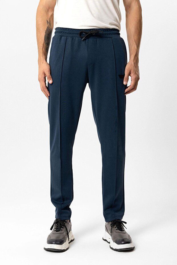 Lacivert Regular Fit Beli Bağcıklı Örme Jogger Pantolon - 1