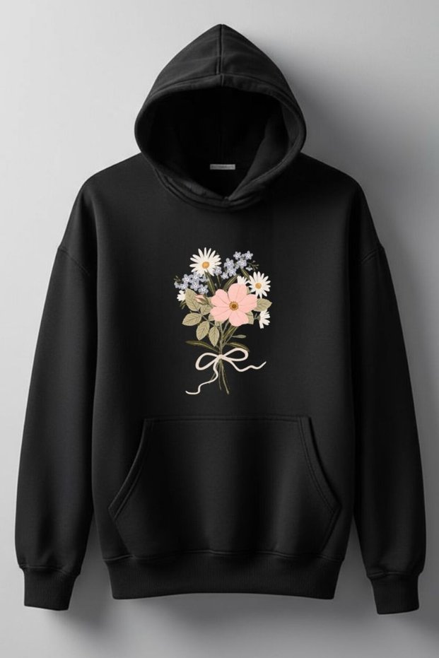 New Season Flower Djital Printed 3 Yarn Cotton Capu Hooded Atshi̇rt