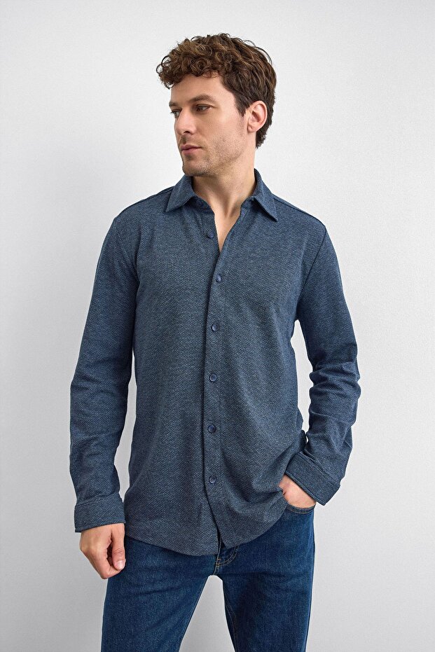 Lacivert Regular Fit Örme Gömlek - 3