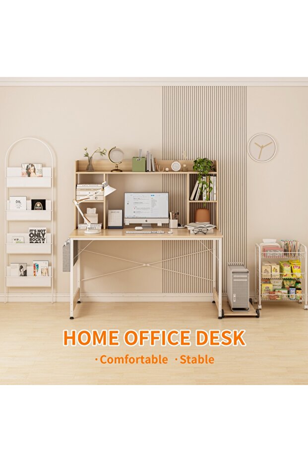 Study Desk with Bookshelf, Large Office Desk, Computer Table with Storage Bag & CPU Stand - 7