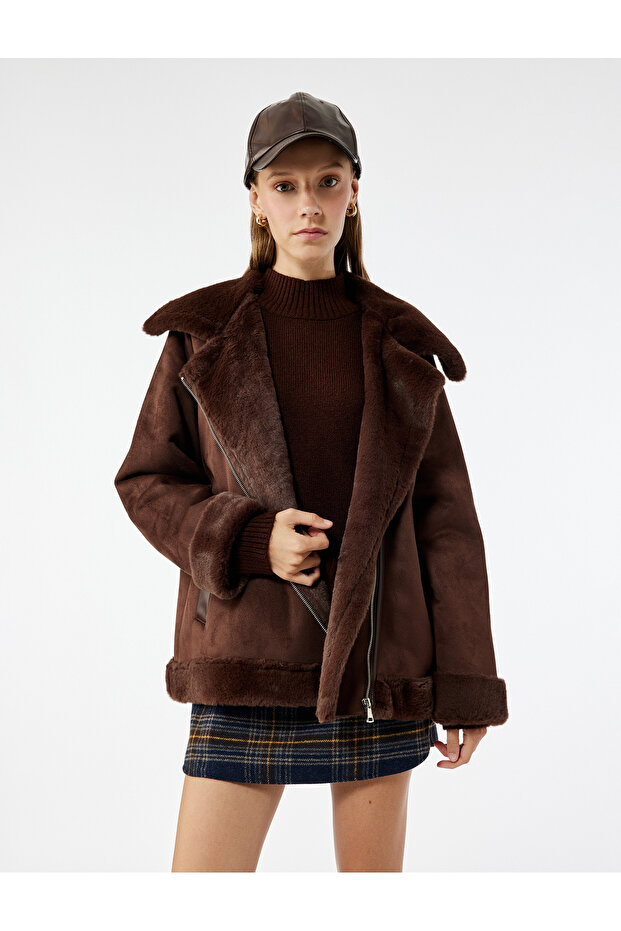 Faux Fur Collar Zippered Pocket Suede Look Biker Jacket
