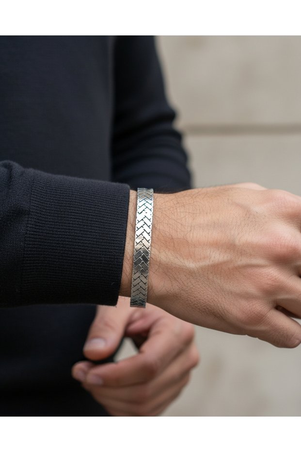 Steel Italian Herringbone Bracelet Silver Color (Diameter:20Cm/Width:13Mm) | Non-Tarnishing, Unisex, 2-Year Warranty