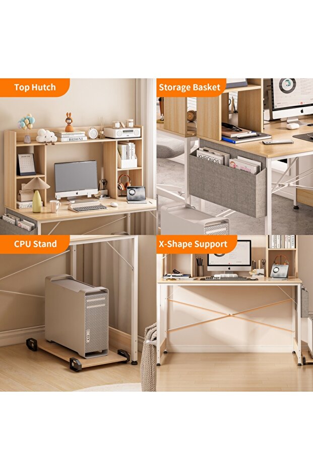 Study Desk with Bookshelf, Large Office Desk, Computer Table with Storage Bag & CPU Stand - 3