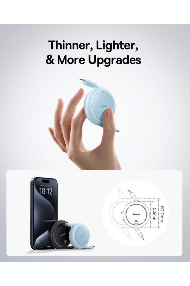 Free2Pull Mini Makaralı USB-C 60W Hızlı Şarj ve Data Kablosu, Mavi - 4