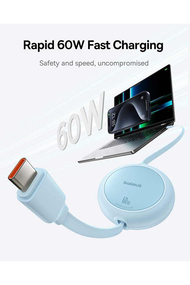 Free2Pull Mini Makaralı USB-C 60W Hızlı Şarj ve Data Kablosu, Mavi - 6