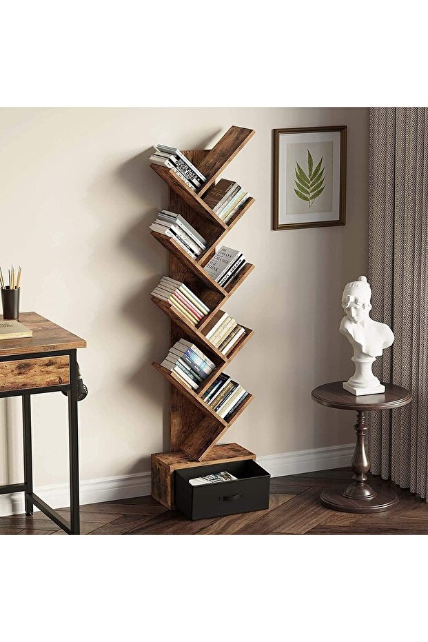 رف كتب على شكل شجرة مع درج - خزانة كتب خشبية ريفية بـ 8 رفوف (بني) - 2