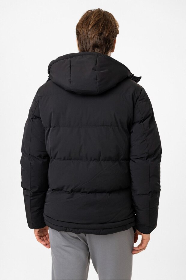 Siyah Regular Fit Kapüşonlu Puffer Mont - 5