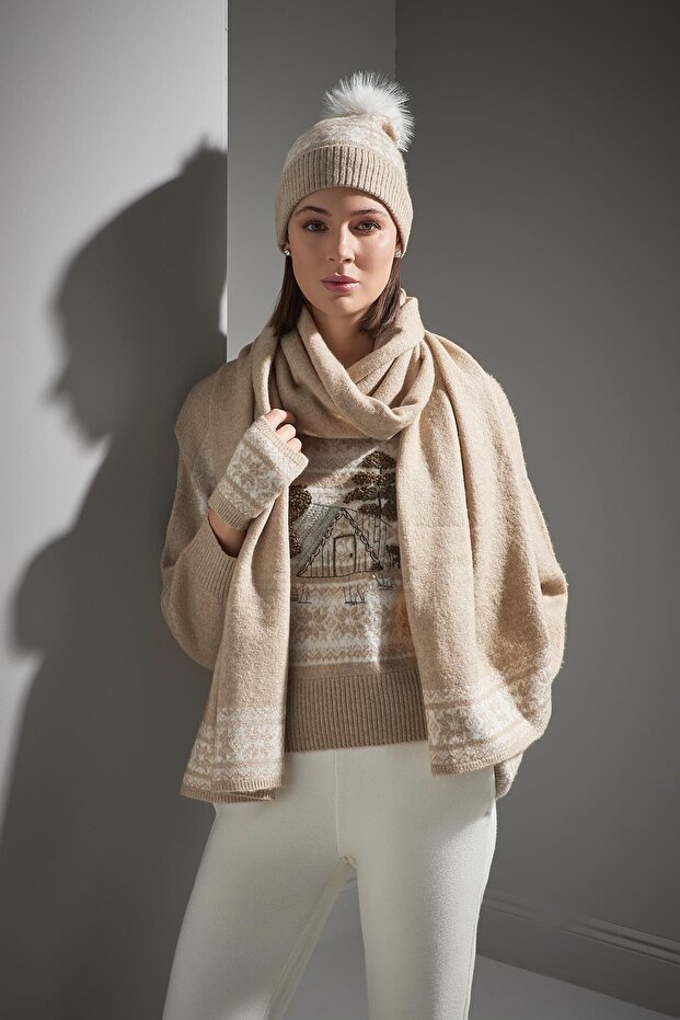 Desenli Bej Triko Bere - 3