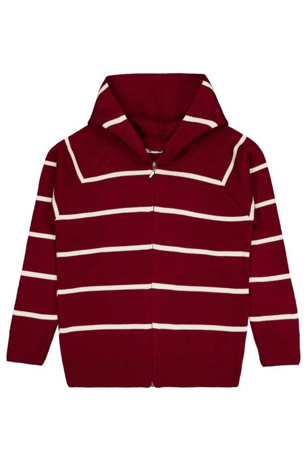 Civil Boy's Striped Patterned Cardigan | Knitwear Long Sleeve Hoodie | School Nursery and Daily Use - Burgundy