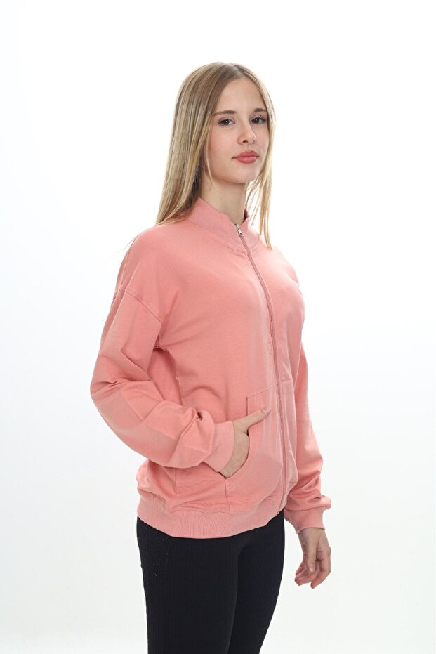Mercan Girl's Mock Neck Zippered Pocket Embroidery Printed Knitted Cardigan - 2 Thread