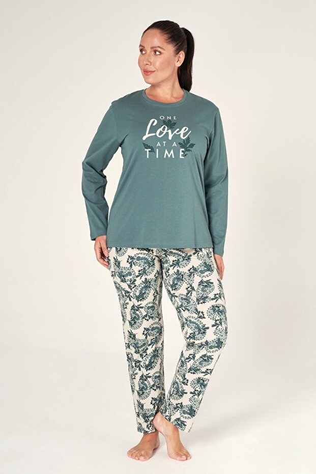 Women's Plus Size Long Sleeve Pajama Set Green 100% Cotton