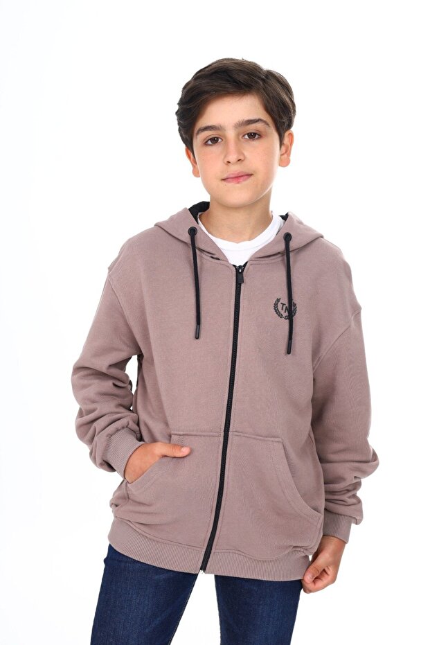 Bitter Brown Boy's Hooded Zippered Pockets Low Shoulder Printed Knitted Cardigan - 3 Thread Without Shardon