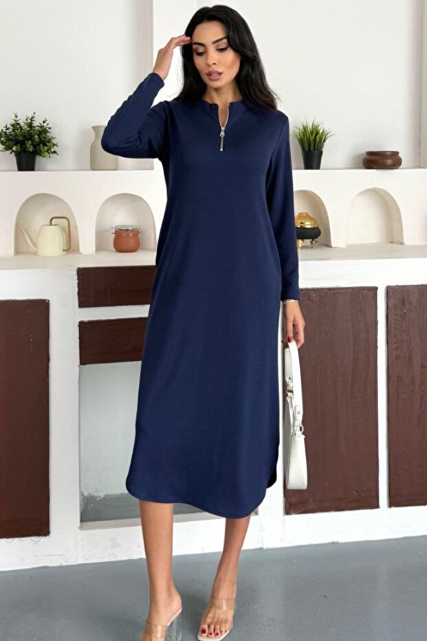 Women's Half Zipper Long Sleeve Skirt Oval Midi Modal Dress