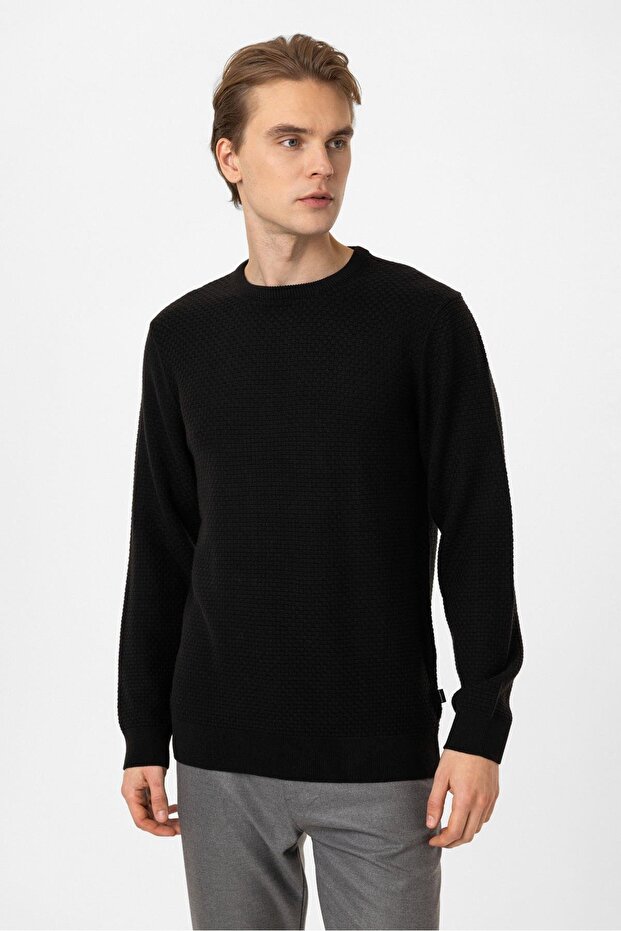 Black Regular Fit Cotton Crew Neck Knit Sweater