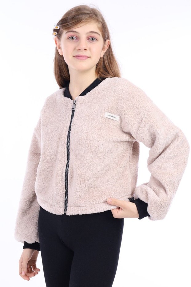 Beige Girl's College Collar Zippered Off-Shoulder Printed Plush Cardigan - Adjustable Elastic Waist