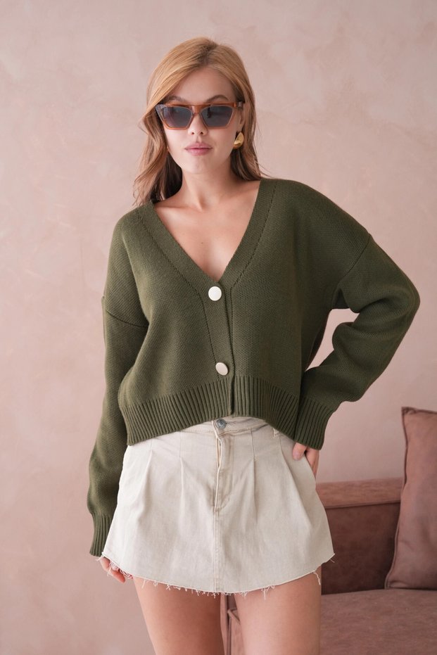 Women's Polo Collar Button Detail Oversized Knitwear Cardigan