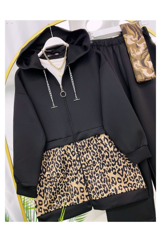 طقم مكون من قطعتين بقلنسوة بنقشة الفهد - 2