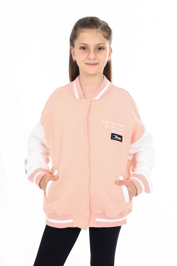 Salmon Girl's College Collar Snap Closure Pocket Low Shoulder Embroidery Printed Color Block Knitted Cardigan