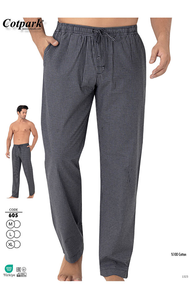 Men's Cotton Pocket Plaid Elastic Waist Pajama Bottoms 605