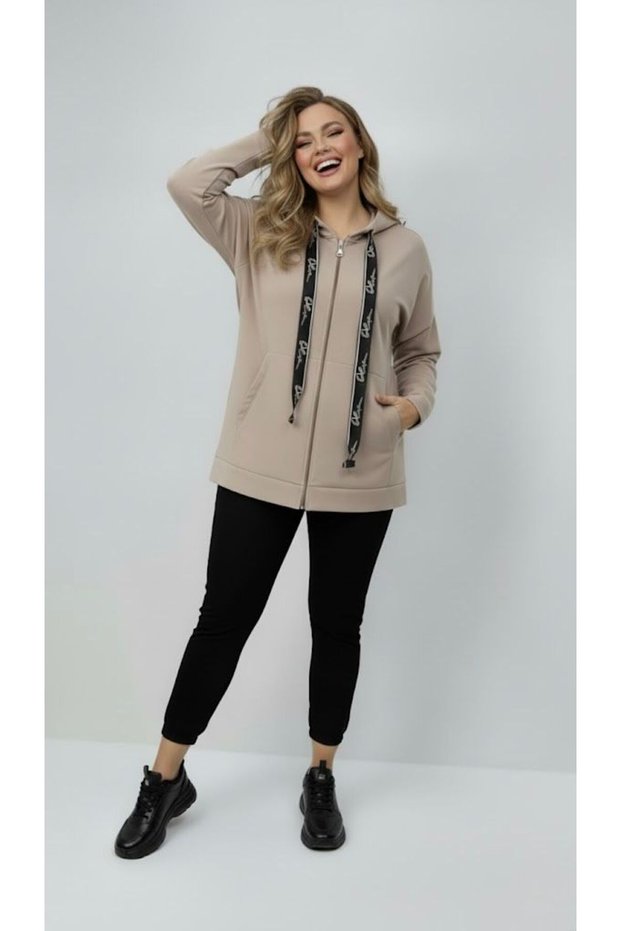 Women's Plus Size Long Sleeve Hooded Zipper Detailed Sweatshirt 2007
