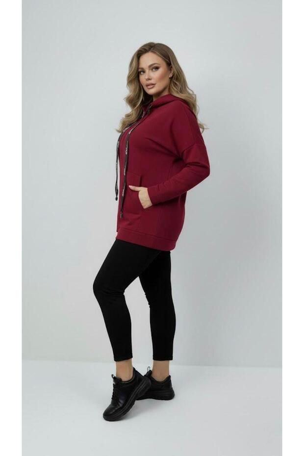 Women's Plus Size Long Sleeve Hooded Zipper Detailed Sweatshirt 2007