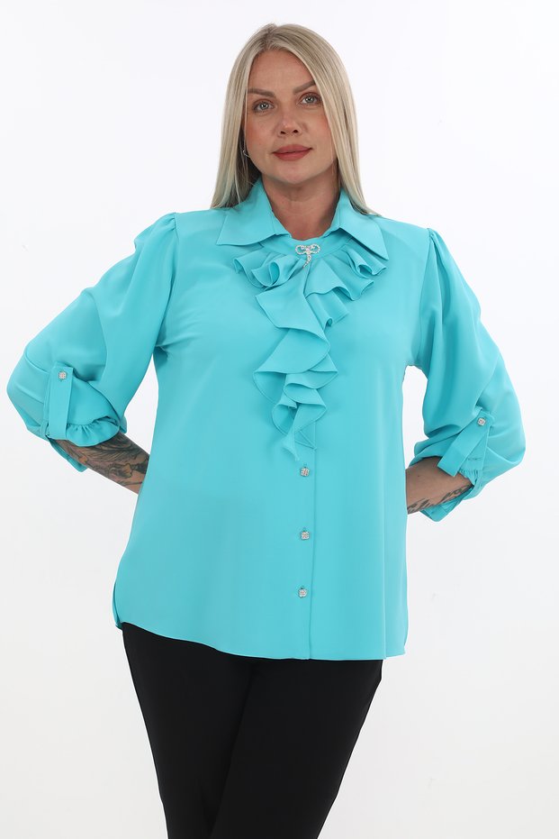 Plus Size Epaulet Sleeves Stone Button Ruffle Collar Brooch Detailed Stylish Women's Blouse