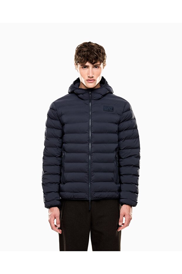 Men's Hooded Collar Pocket Detail Zipper Closure Long Sleeve Navy Blue Coat