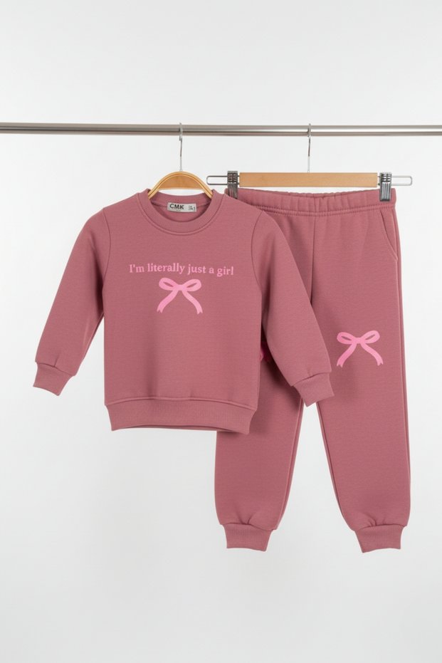3 İplik Ş Fleece-Lined Stylish and Comfortable Pink Bow Girls' Tracksuit Set (3-7 Years)