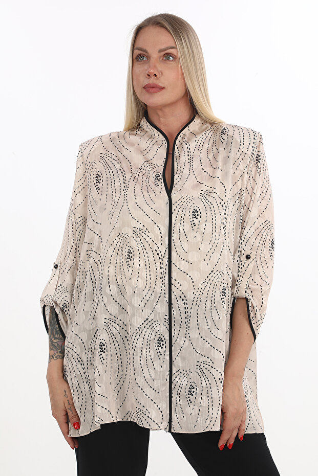 Large Size (50-56) Printed Mock Neck Epaulettes Three Quarter Sleeve Comfortable Fit Women's Tunic