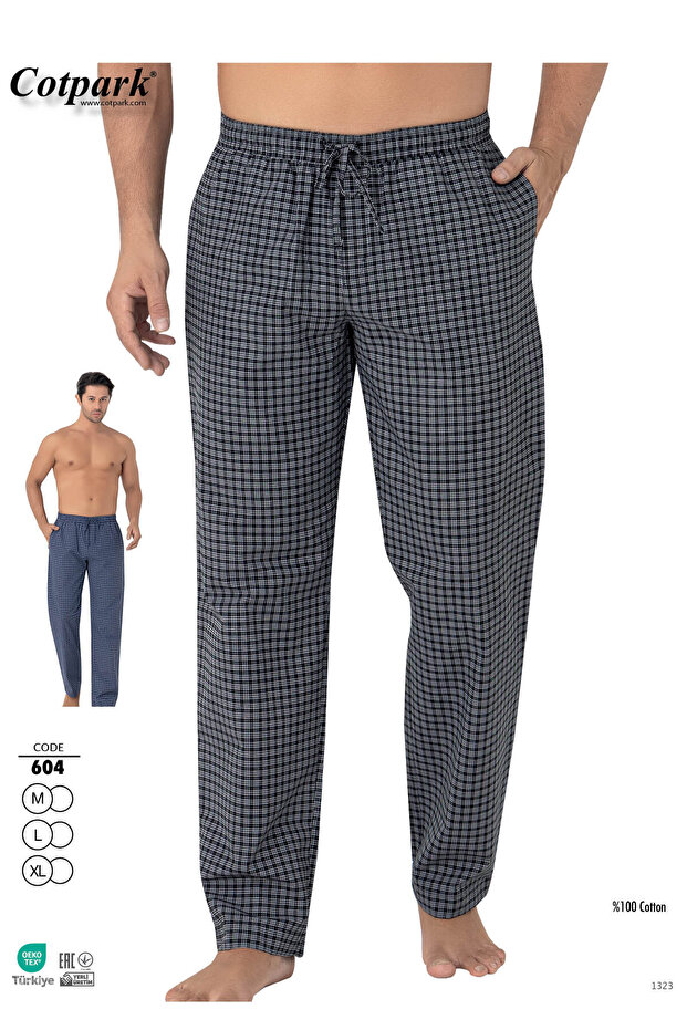 Men's Cotton Pocketed Plaid Elastic Waist Pajama Bottoms / Black 604