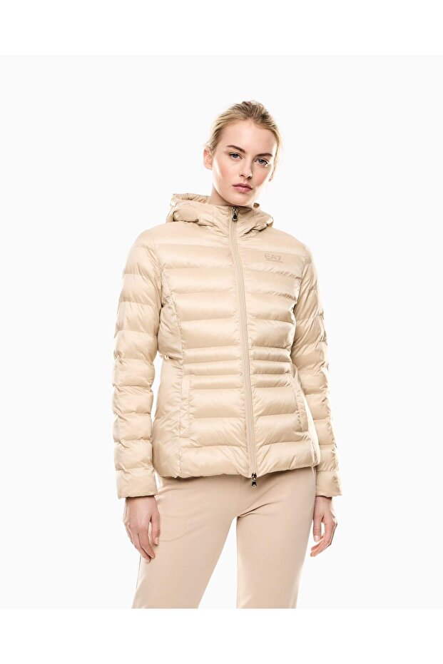 Women's Hooded Collar Long Sleeve Zippered Beige Coat