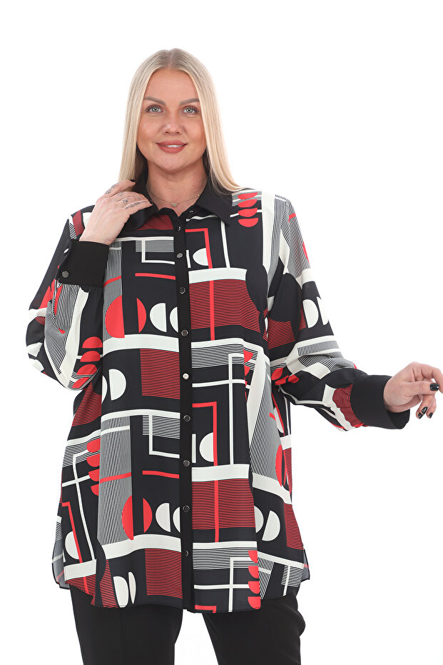 Plus Size Shirt Collar Metal Button Long Sleeve Geometric Pattern Casual Women's Tunic