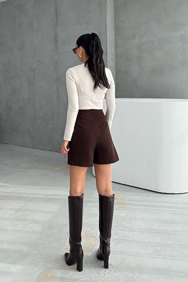 Kahve Toka Detaylı Mini Şort Etek - 5