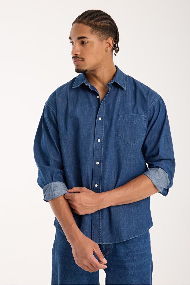 Bb Club Rio Denim Cotton Oversized Fit Navy Blue Classic Collar Men's Straight Shirt
