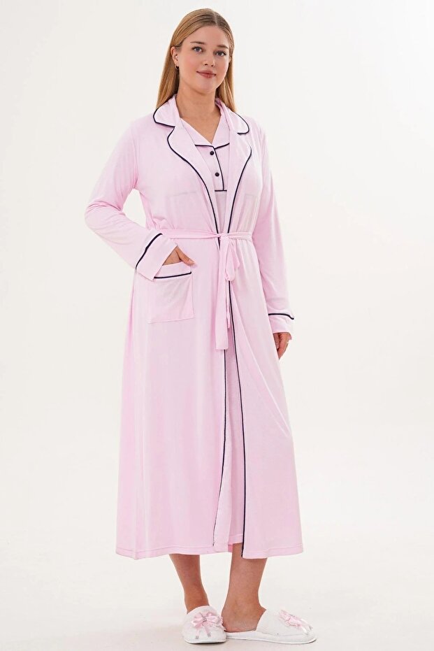 Women's Front Buttoned Piped Cotton Maternity Nightgown-Dressing Gown Set of 2