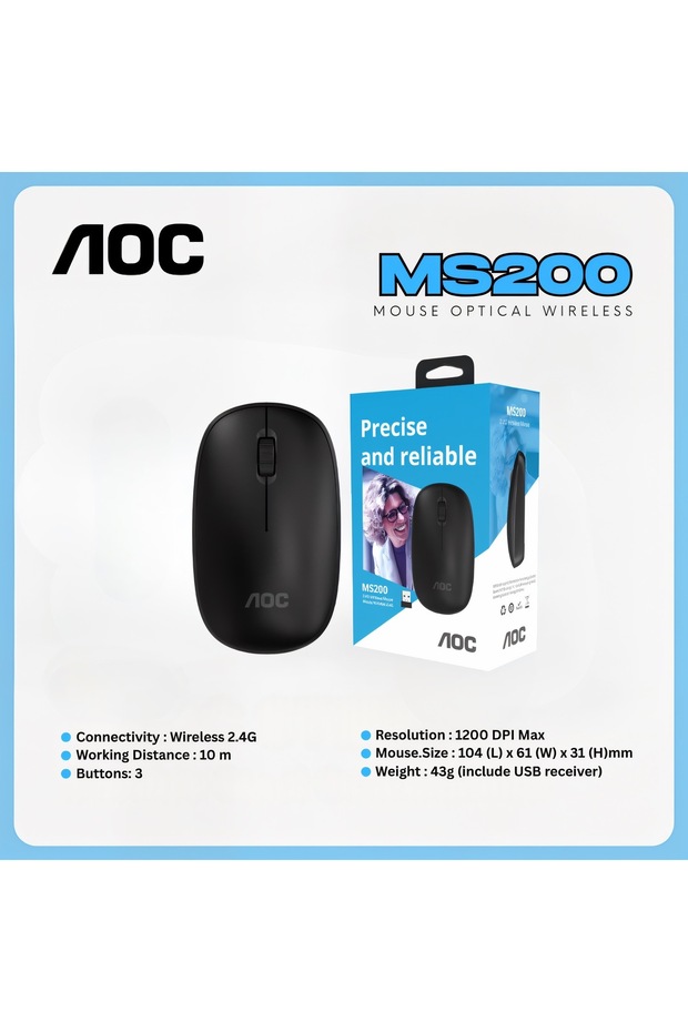 MS200 Wireless Mouse – 1200 DPI, Sessiz, 3 Tuşlu, Tak Çalıştır - 3