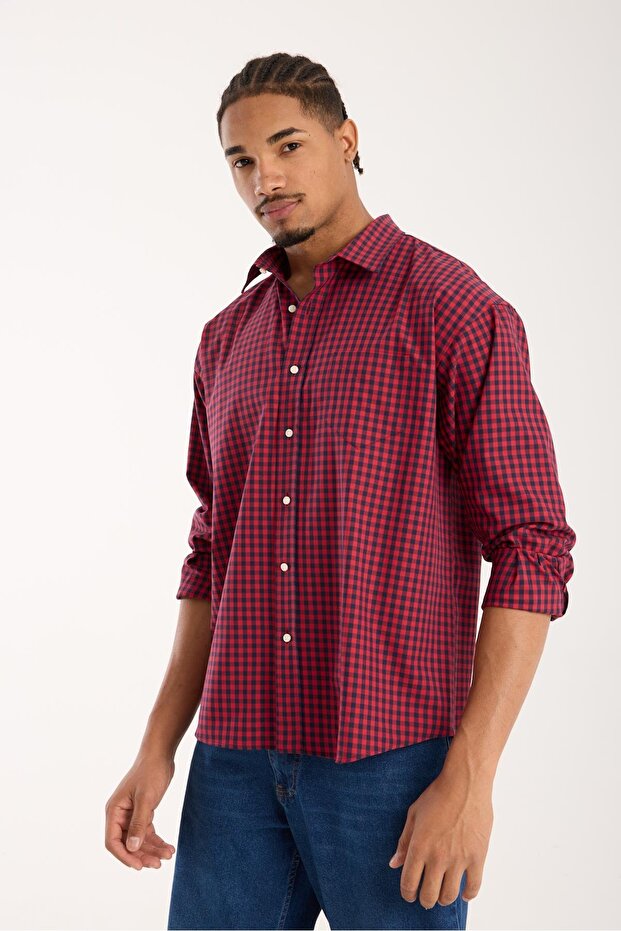 Bb Club Rio Twill Cotton Blend Oversized Fit Red Classic Collar Men's Checkered Shirt