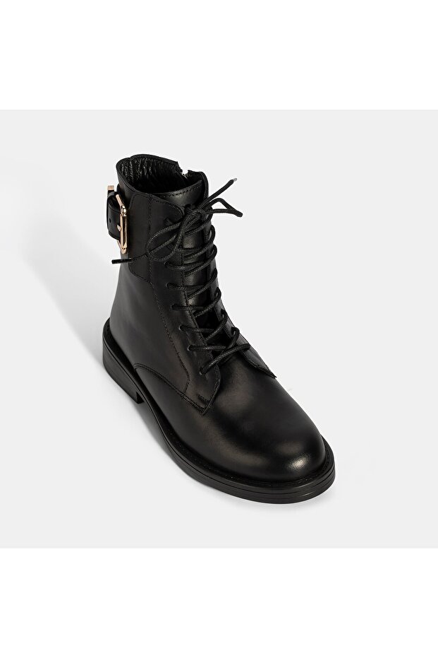 Kadın Siyah Bağcıklı Deri Postal Bot - 5