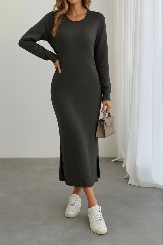 Women's Long Sleeve Crew Neck Slit Detail Knitwear Midi Dress