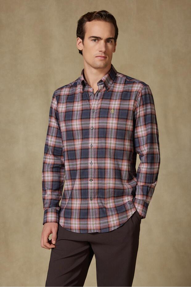 Luca Flannel Cotton Blend Comfort Fit Grey Button down Collar Men's Plaid Shirt