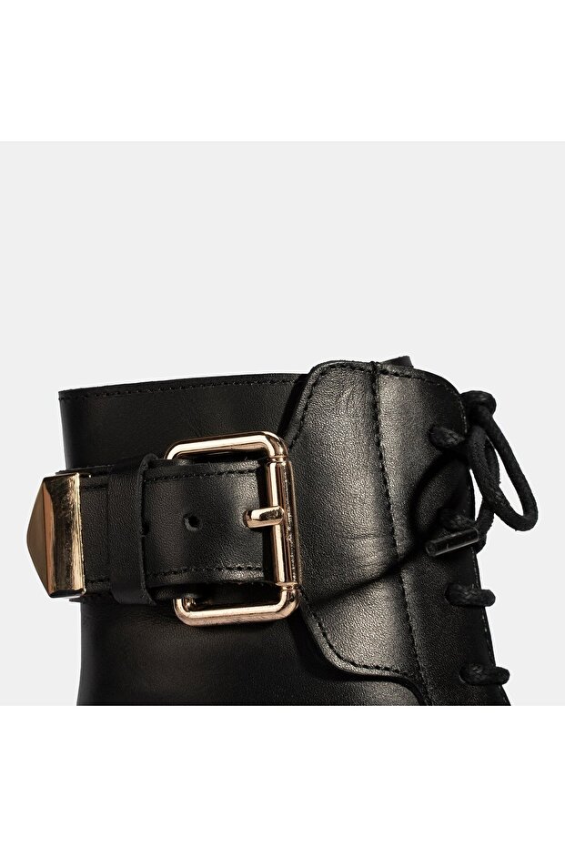 Kadın Siyah Bağcıklı Deri Postal Bot - 6