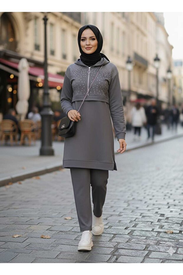Women's New Season Stone-Embellished Top-To-Bottom Tunic Set