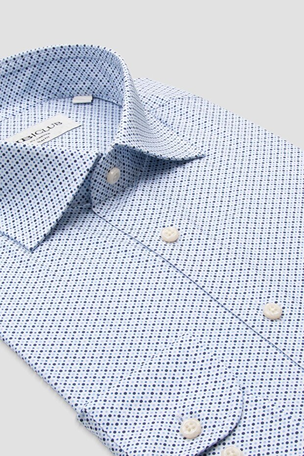 Bb Club Oscar Poplin Stretch Cotton Blend Slim Fit Blue Classic Collar Men's Printed Shirt