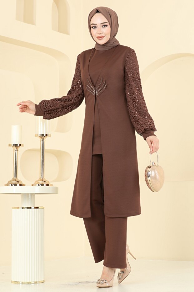 Kolları Fileli Şık Takım ASM2832-MS Taba - 2