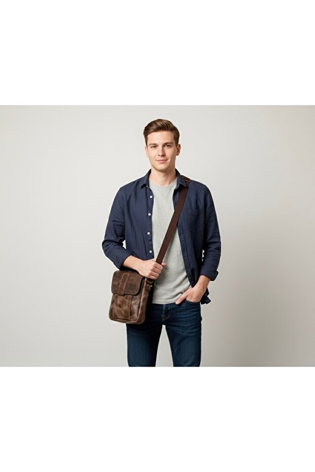 Genuine Leather Unisex Shoulder and Messenger Bag - Bitter Brown Color with Adjustable Strap 20X25 cm