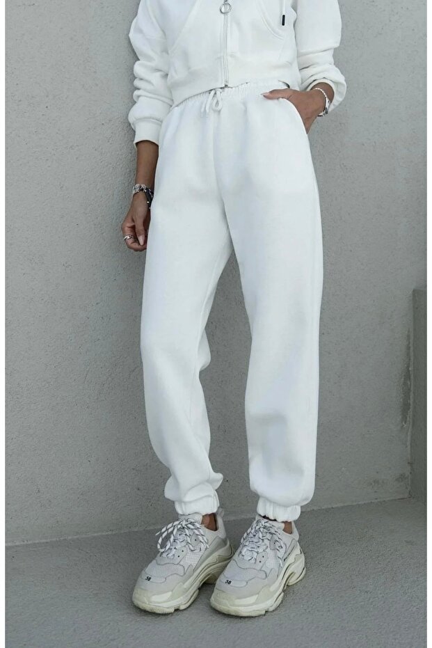 Women's Clothing Cream Color Bottom Three Thread Sh Fleece-Lined Belted Lace Detail Elasticated Leg Trousers
