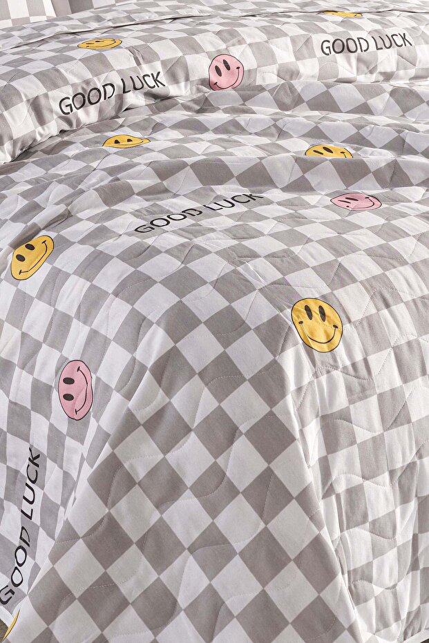 Kapitone Yatak Örtüsü Seti Çift Kişilik Good Luck Gri - 4