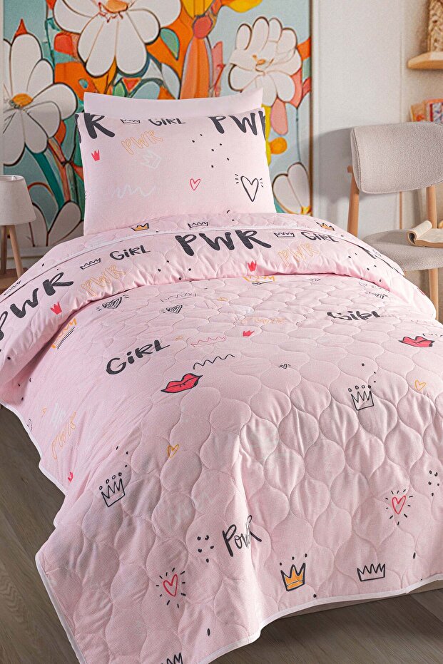 Yatak Örtüsü Seti Tek Kişilik Pamuklu 2 Parça – Power Desen – Pembe / Yumuşak Dokulu - 1